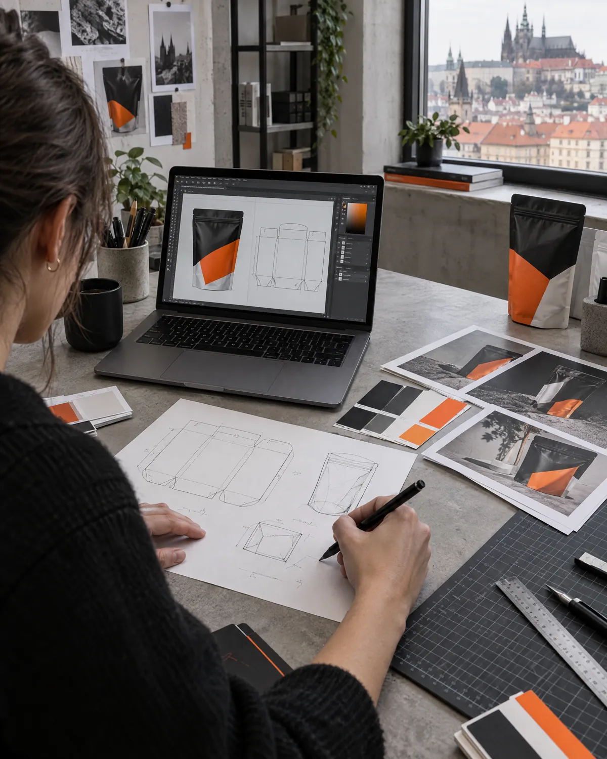 Designérka kreslí síť sáčku vedle notebooku s černooranžovým návrhem.
